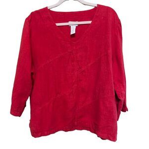 Mosaic USA 100% Linen Top Womens Large Red Art to Wear Lagenlook Boho Coastal